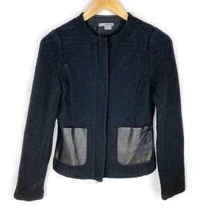 VINCE Wool Tweed Jacket Black Woven Single Breasted Leather Pocket Size 4
